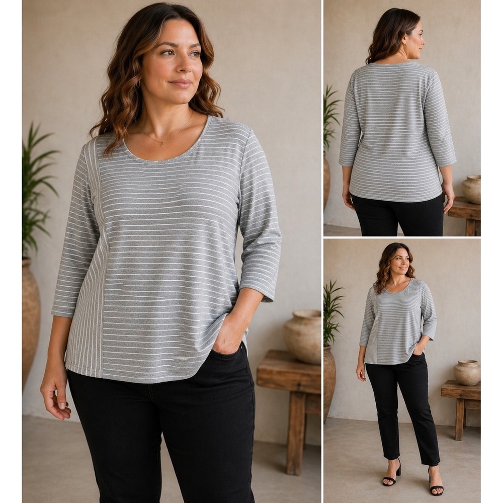 Chico's Minimalist Abstract Stripe Grey White 3/4 Sleeve Knit Top Size XL